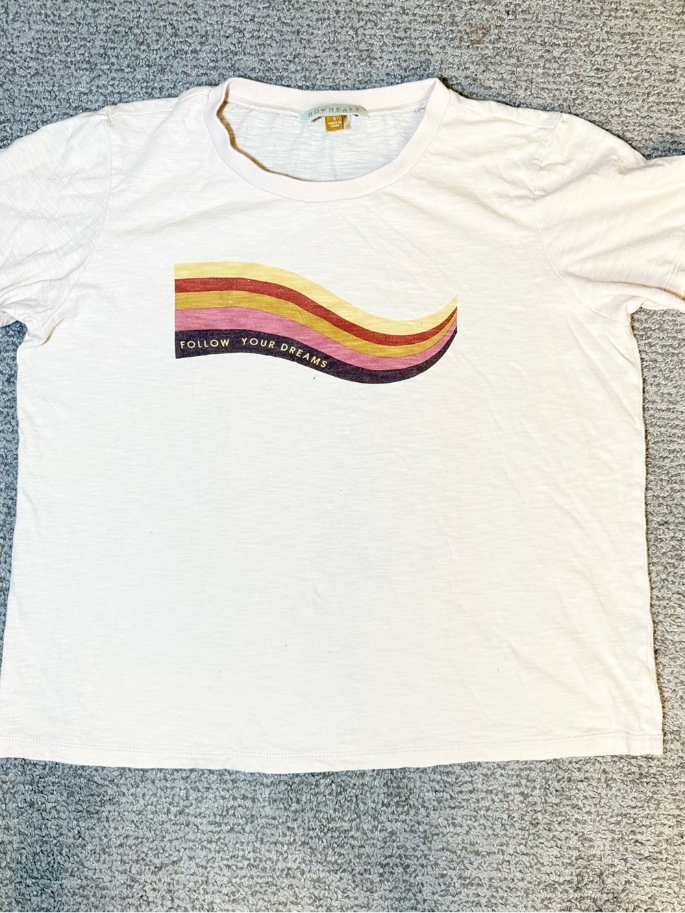 DownEast White Kids Tee with Yellow Pink Red Stripe Graphic